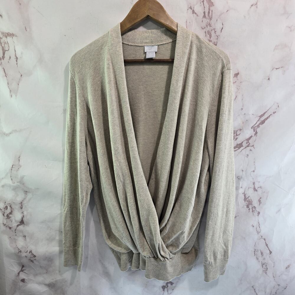 Chicos Sweater Womens Large 2 Taupe Beige Pullover V Neck Faux Wrap Knit Top